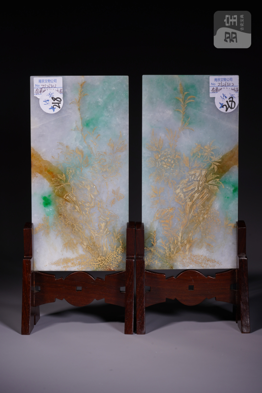 清 翡翠描金百寿图案屏一对 - 图5